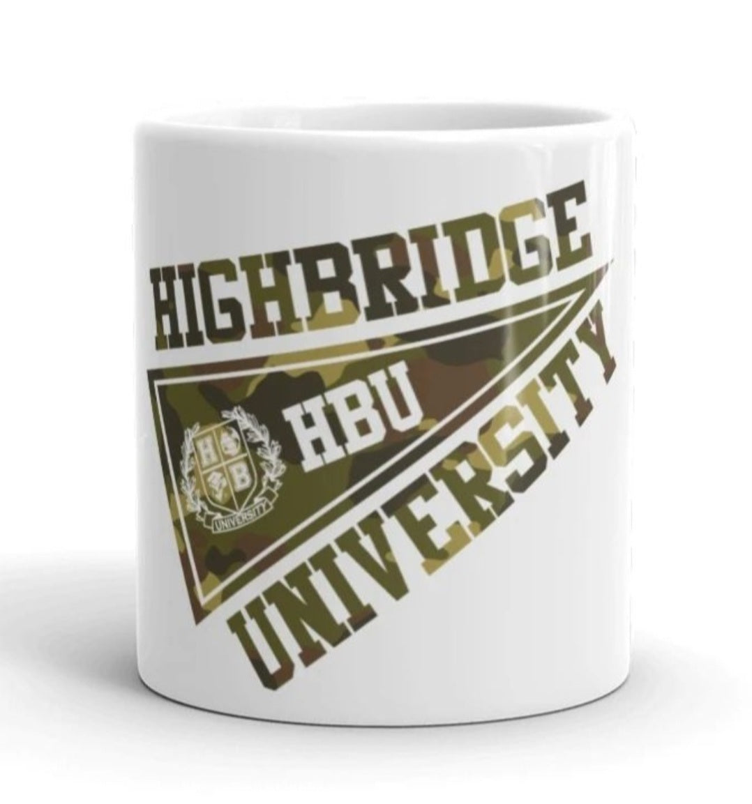 H.B.U. 11oz White Glossy Mug/ Camouflage Flag Logo