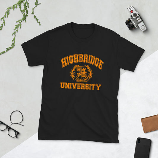 2 COLORS - H.B.U./ Short-Sleeve Unisex T-Shirt/ White, Black/ Orange University Logo