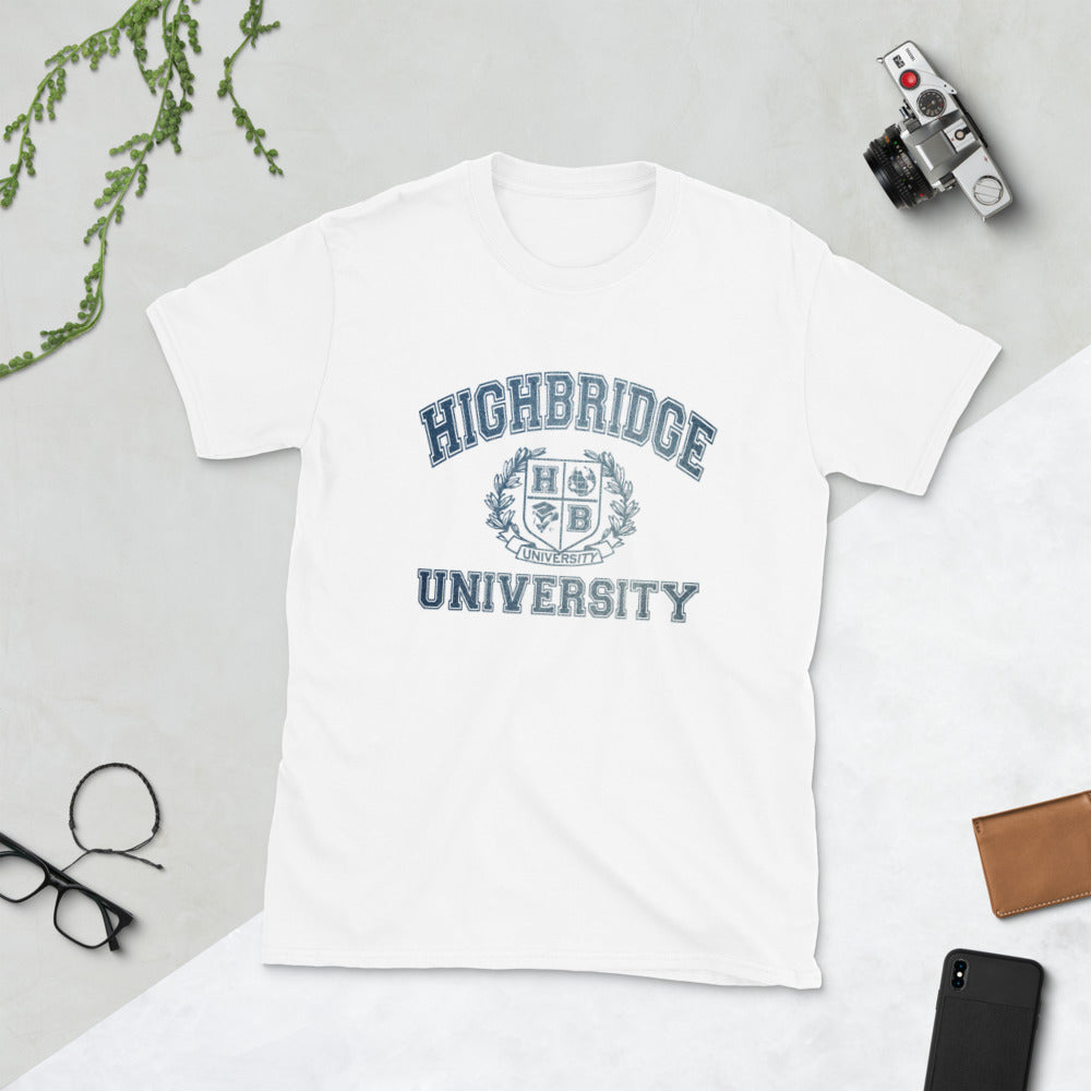 2 COLORS/ H.B.U. Short-Sleeve Unisex T-Shirt/ White, Sport Gray/ Denim Blue University Logo