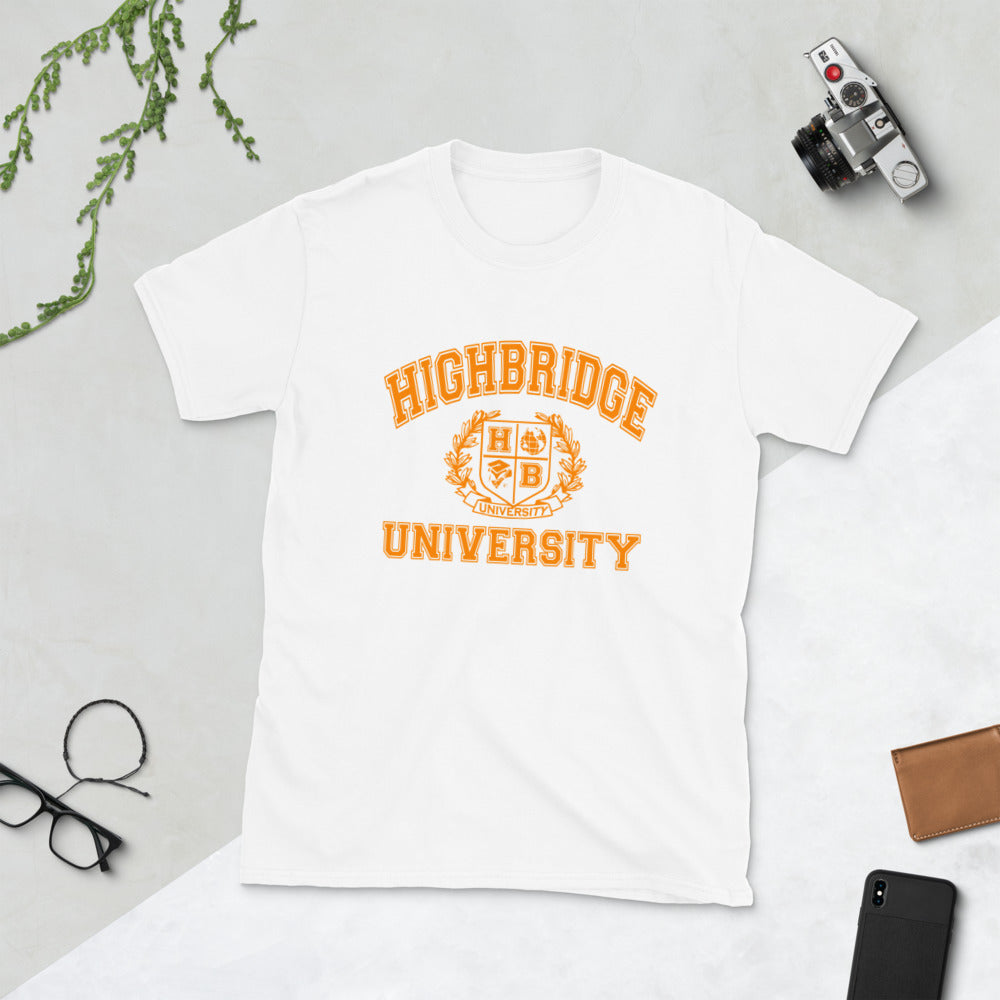 2 COLORS - H.B.U./ Short-Sleeve Unisex T-Shirt/ White, Black/ Orange University Logo