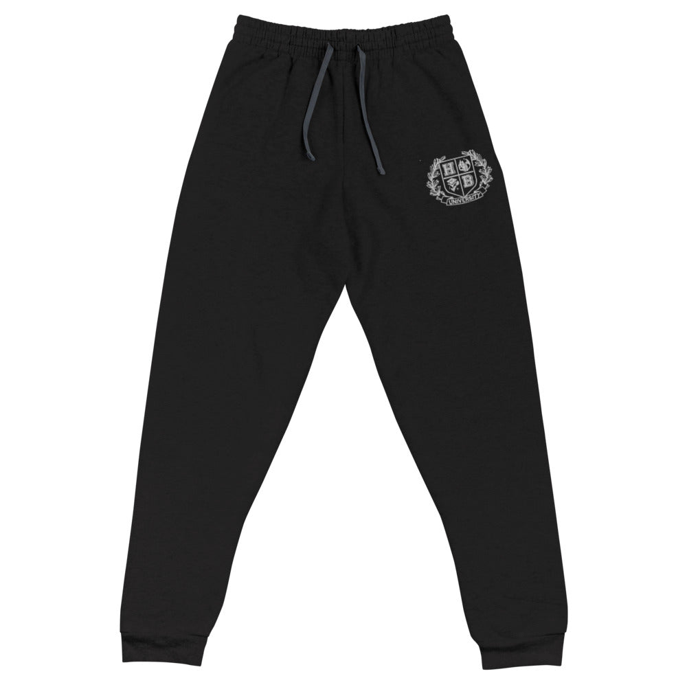 H.B.U. Black Unisex Joggers/ Embroidered White University Logo