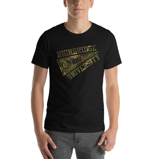 3 COLORS/ H.B.U.  Short-Sleeve Unisex T-Shirt/ Black, Olive, & Light Tan Dust/ Camouflage Flag Logo