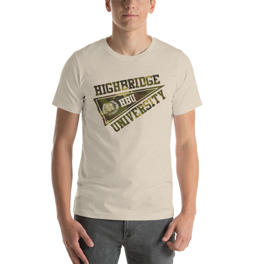 3 COLORS/ H.B.U.  Short-Sleeve Unisex T-Shirt/ Black, Olive, & Light Tan Dust/ Camouflage Flag Logo