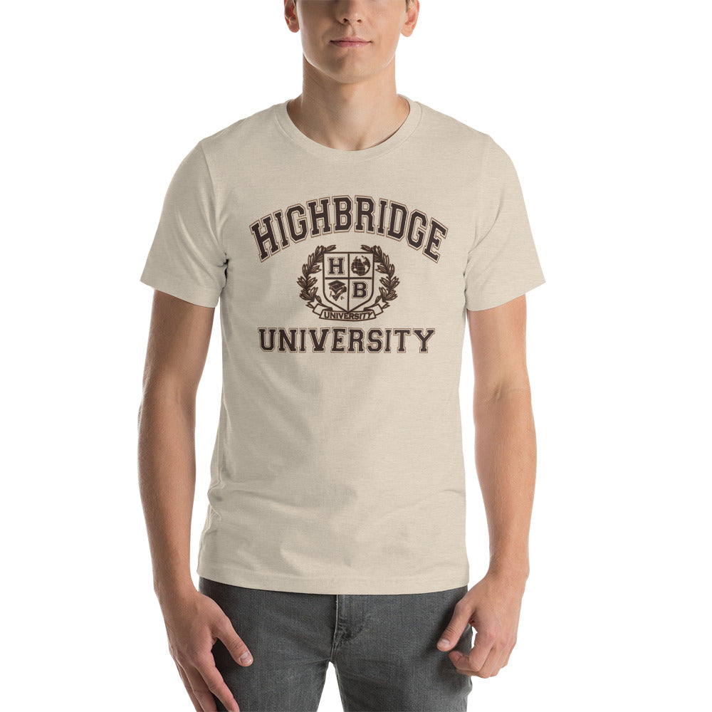 3 COLORS/ H.B.U. Short-Sleeve Unisex T-Shirt/ Yellow, Mustard, Tan Dust/ Brown University Logo