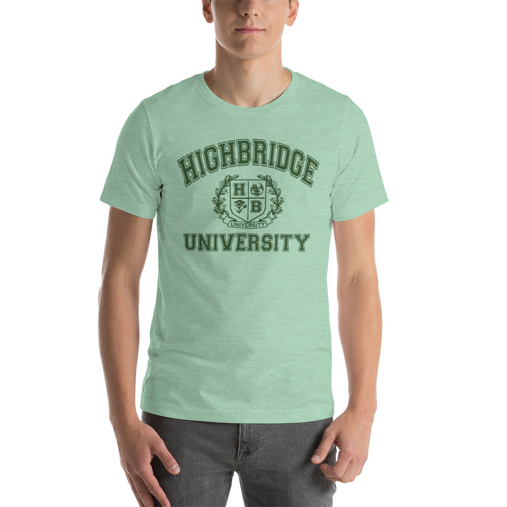 3 COLORS/ H.B.U. Short-Sleeve Unisex T-Shirt/ White, Mint Green, Dust Tan/ Military Green University Logo