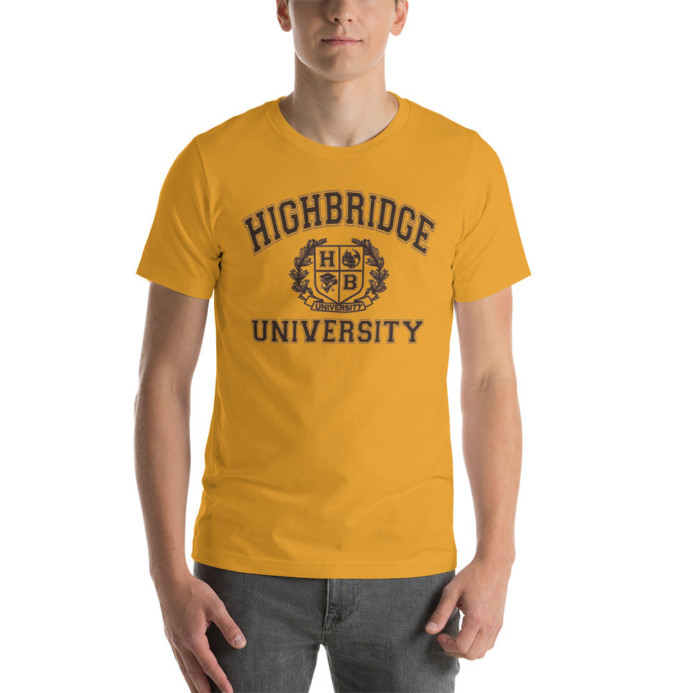 3 COLORS/ H.B.U. Short-Sleeve Unisex T-Shirt/ Yellow, Mustard, Tan Dust/ Brown University Logo