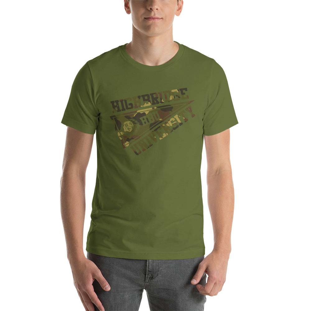 3 COLORS/ H.B.U.  Short-Sleeve Unisex T-Shirt/ Black, Olive, & Light Tan Dust/ Camouflage Flag Logo