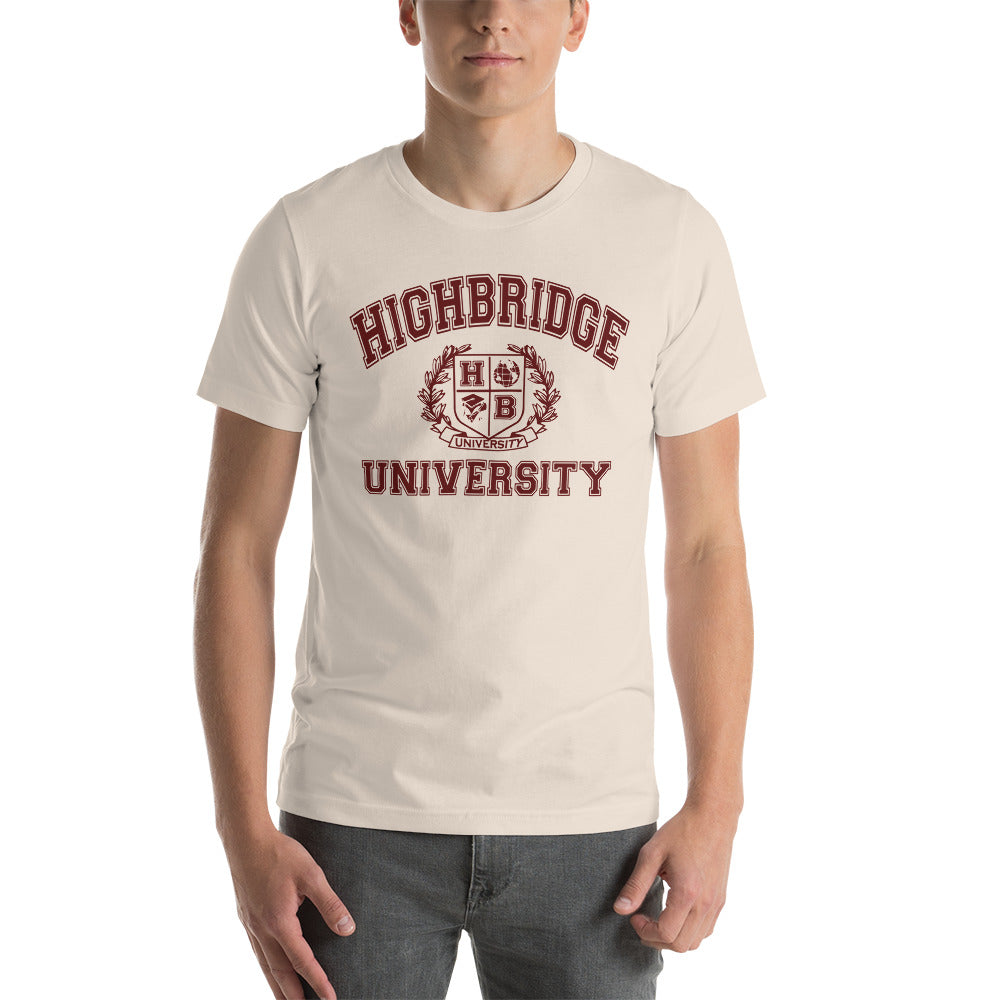 2 COLORS/ H.B.U. Men's Short-Sleeve Unisex T-Shirt/ Soft Cream, Heather Peach/ Maroon University Logo