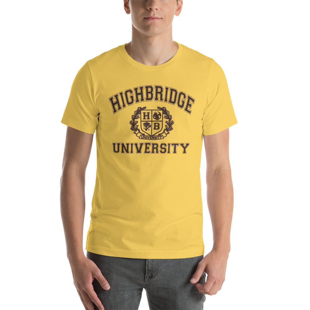 3 COLORS/ H.B.U. Short-Sleeve Unisex T-Shirt/ Yellow, Mustard, Tan Dust/ Brown University Logo